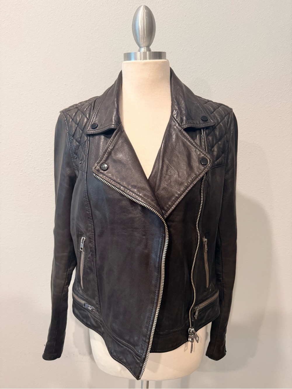 All Saints Genuine Leather Biker Jacket Black Quilted Shoulder Moto US 8